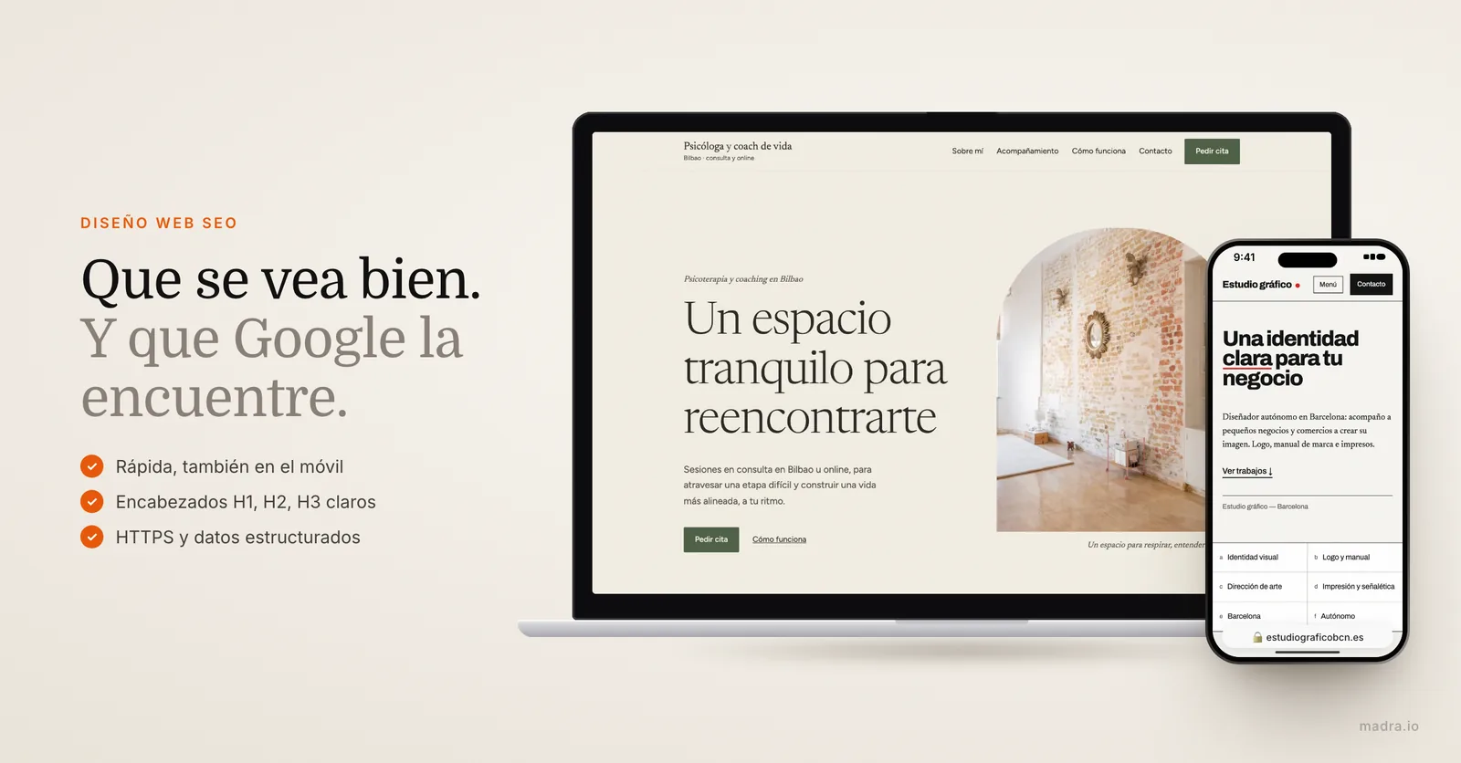Web de psicóloga en un portátil y web de estudio de diseño en un iPhone, con un diseño web pensado para posicionar en Google
