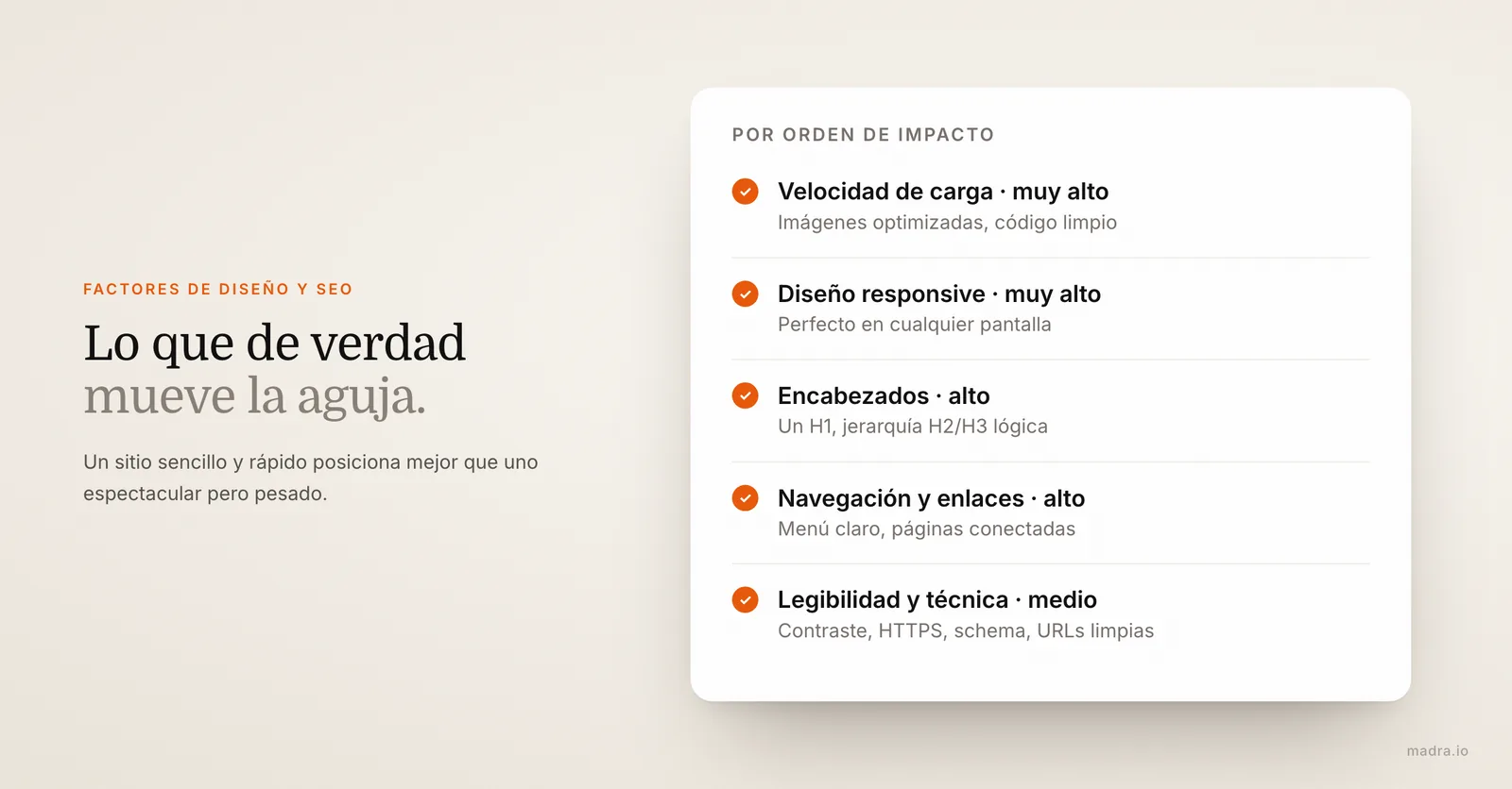 Factores de diseño que más afectan al SEO: velocidad, responsive, encabezados, navegación, legibilidad y técnica