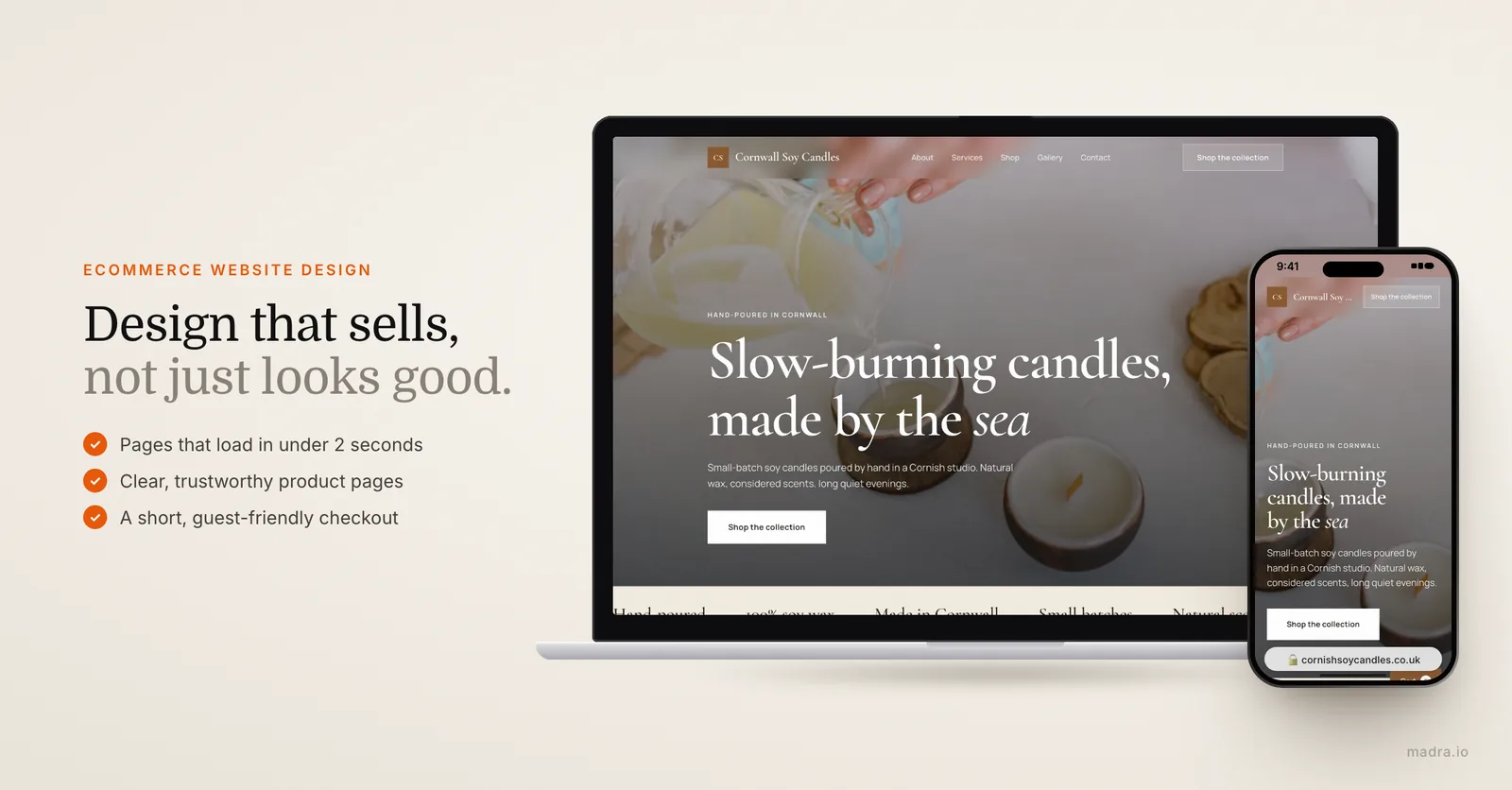 Online candle shop on a laptop and iPhone showing clean ecommerce website design with clear product pages