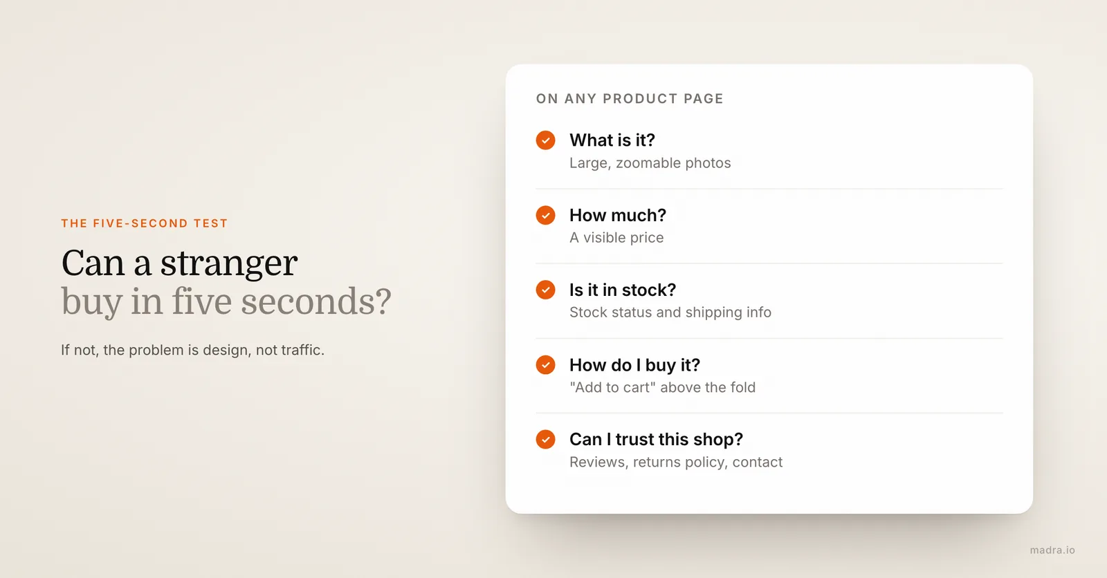 Five-second test for ecommerce website design: product photos, visible price, stock, add to cart button and trust signals