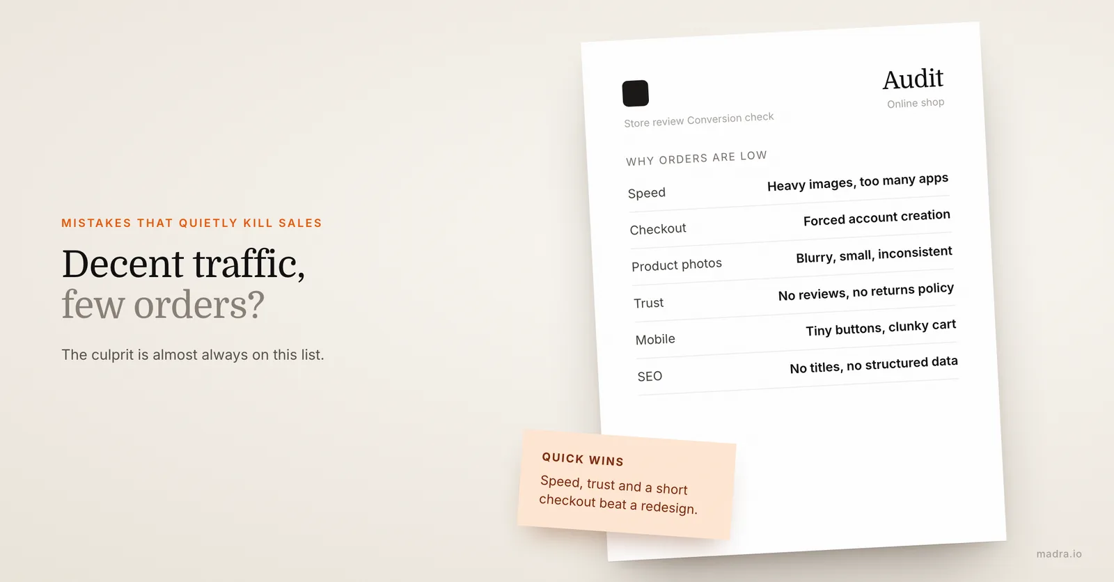 Ecommerce design audit of mistakes that kill sales: slow pages, long checkout, weak photos, no trust signals, poor mobile