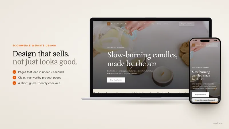 Online store homepage on a laptop showing product grid and shopping cart