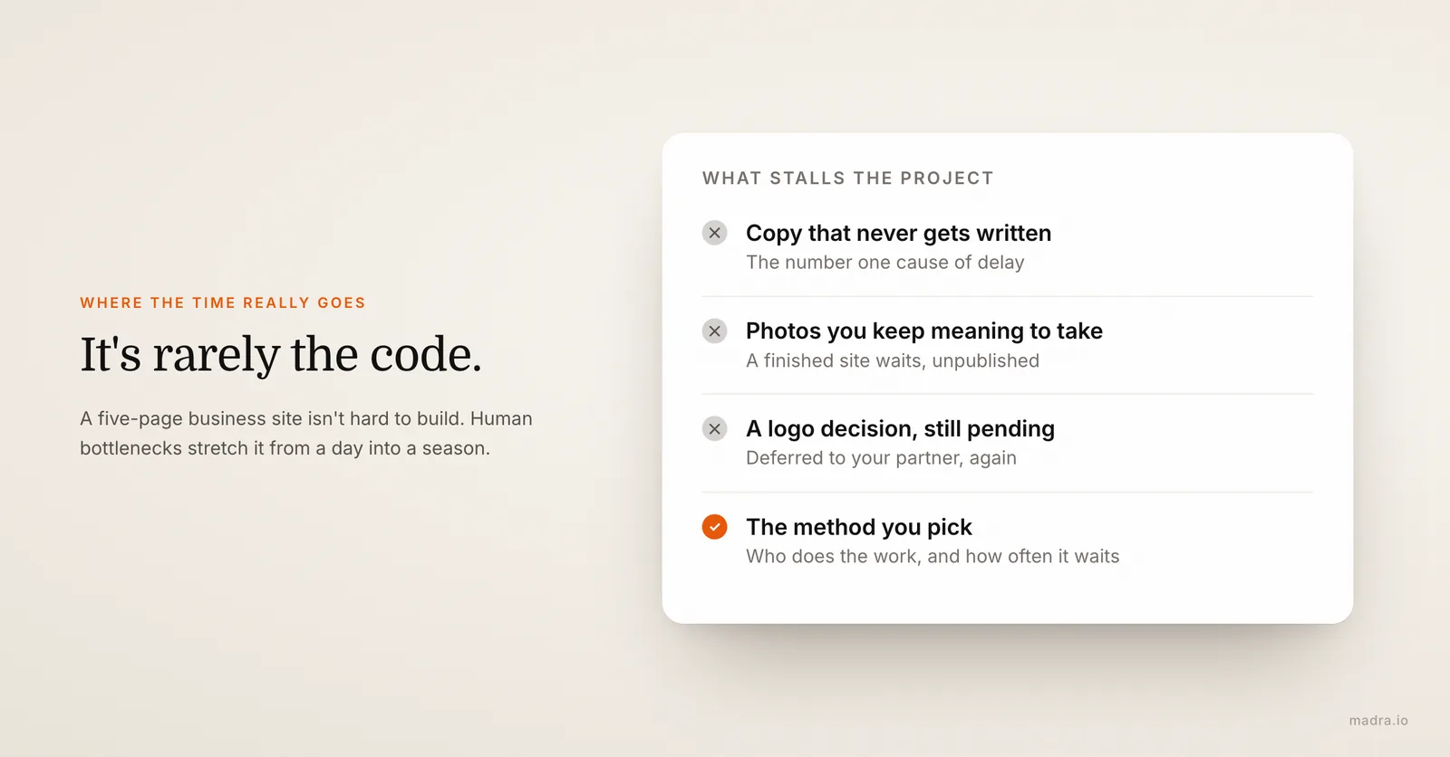 Checklist of what really delays a website: unwritten copy, missing photos and a logo decision that keeps being postponed