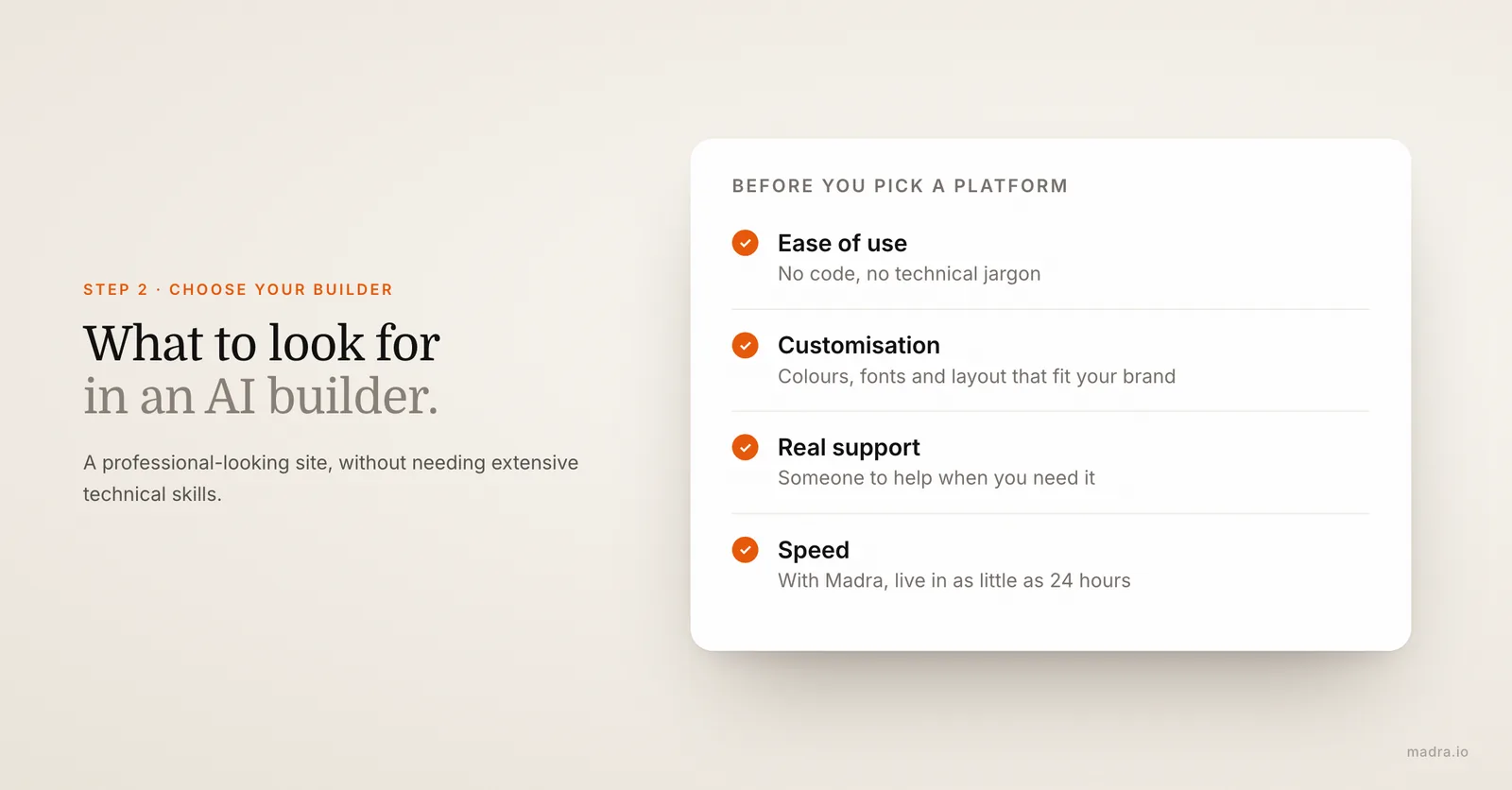 Checklist for choosing an AI website builder: ease of use, customisation, real support and speed of delivery