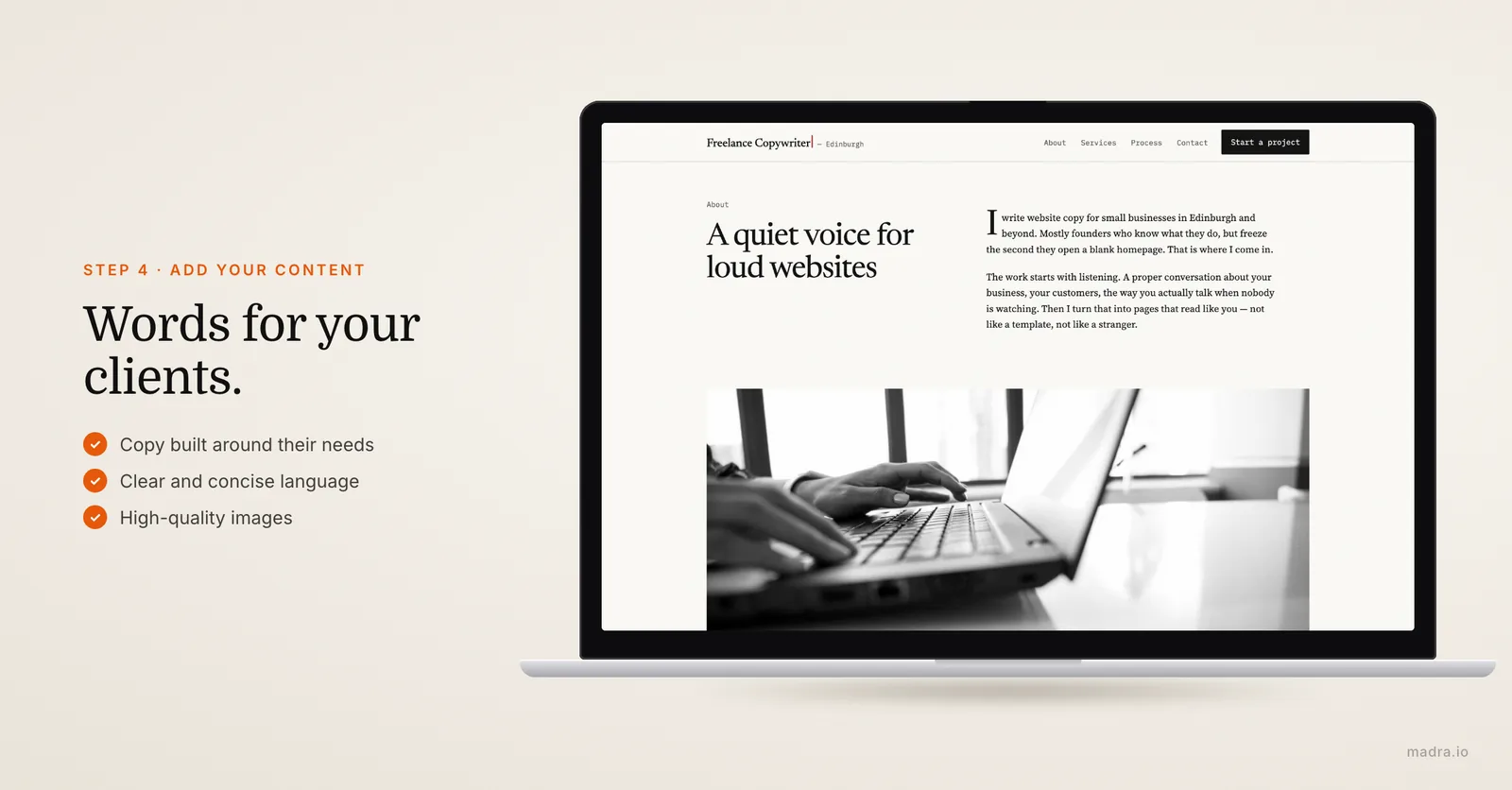Freelance copywriter website on a laptop showing clear copy and quality images written for the right audience