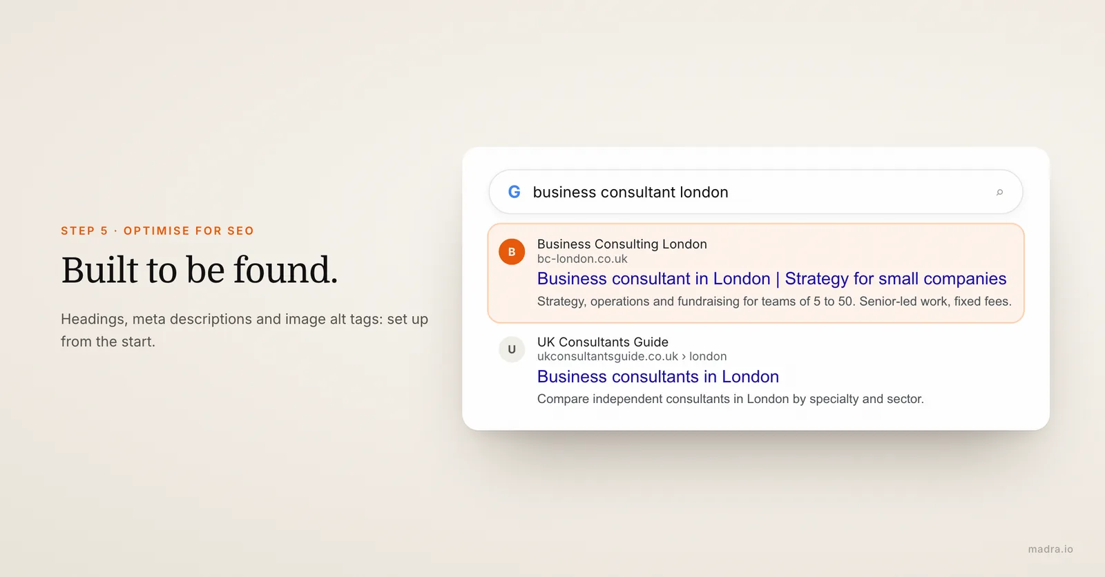 Simulated Google result for business consultant London, with a consultant's AI-built website ranking first
