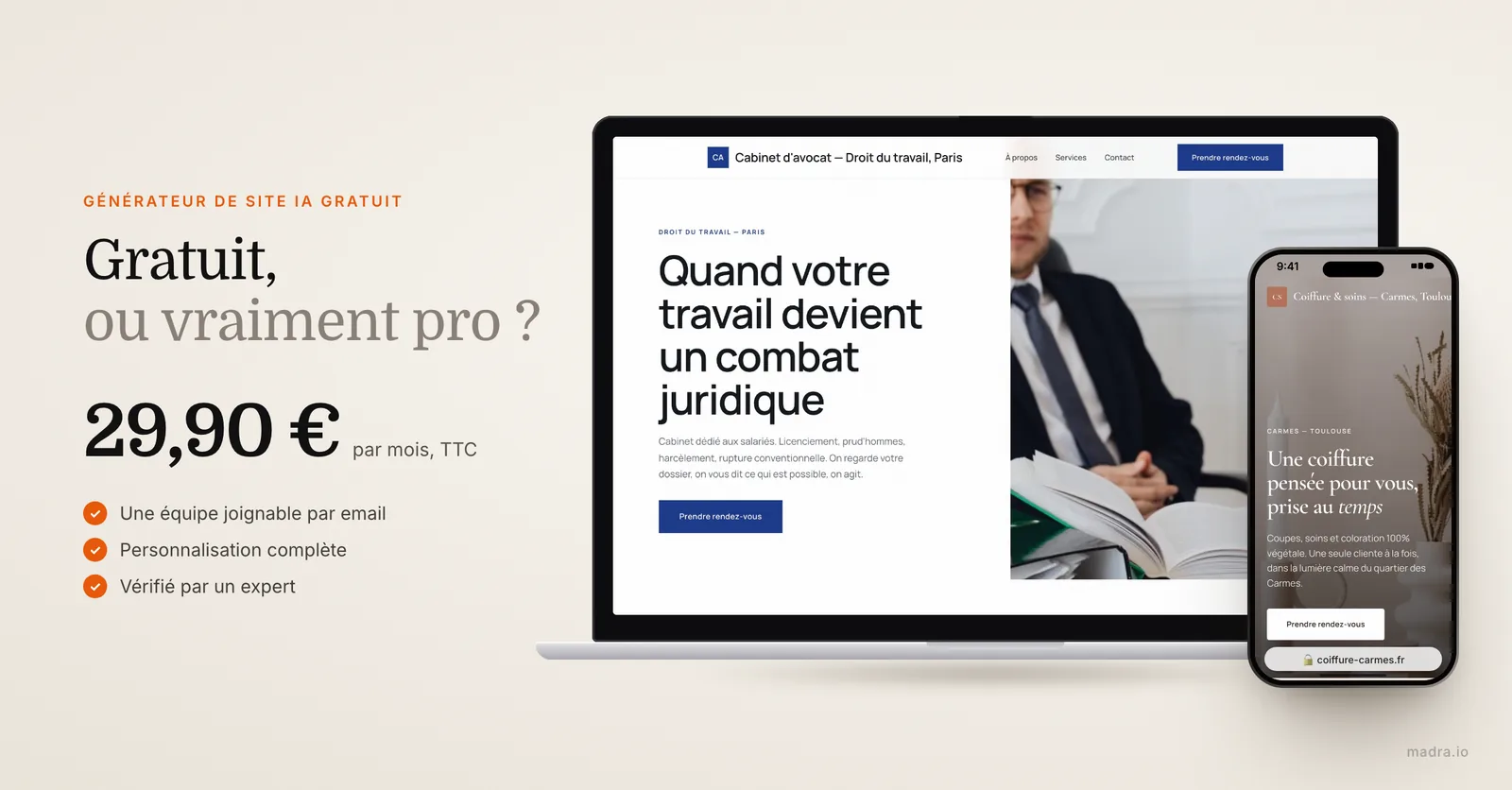 Site d'avocat sur ordinateur et de coiffeur sur iPhone créés par madra : générateur IA gratuit ou site pro à 29,90 €