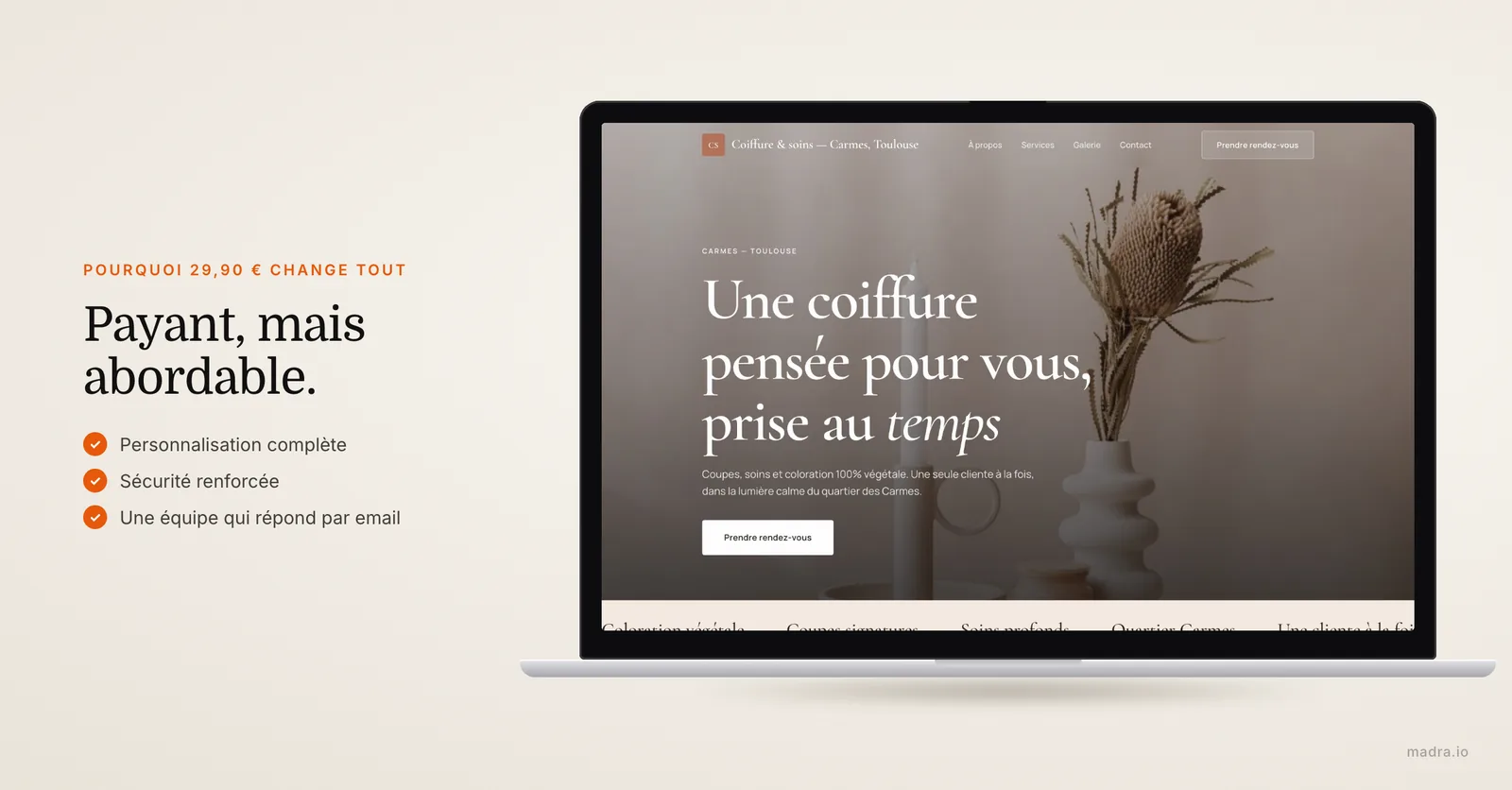 Page intérieure d'un site d'avocat créé par madra sur MacBook : ce que change un site pro à 29,90 € par mois