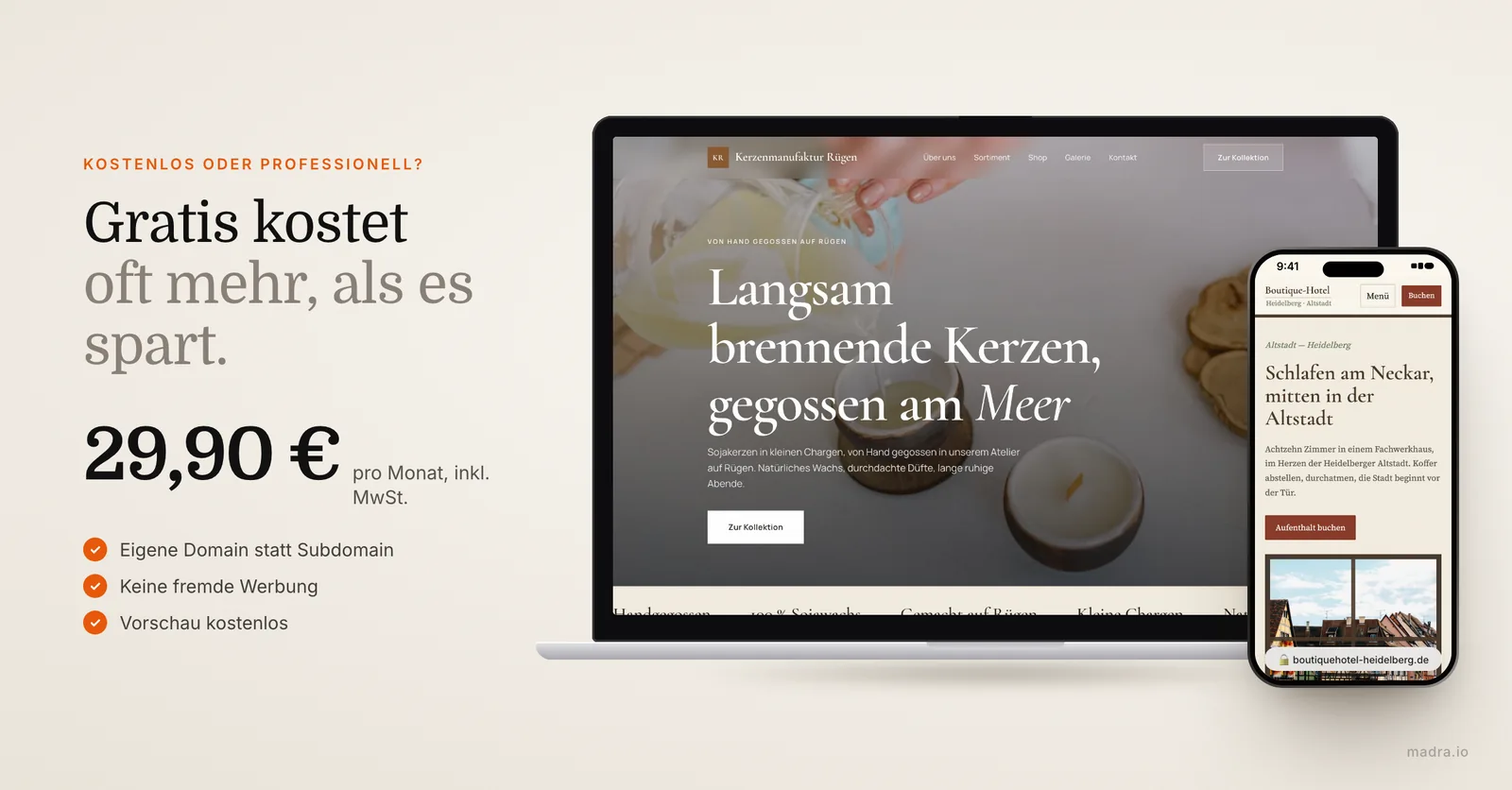 Website einer Kerzenmanufaktur auf dem Laptop und eines Hotels auf dem iPhone: kostenlose oder professionelle Website