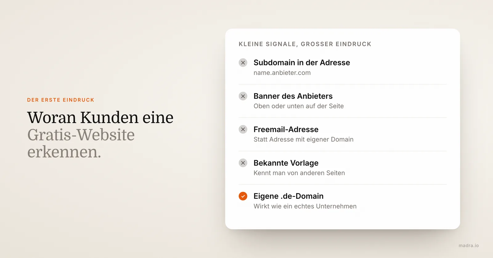 Checkliste, woran Kunden eine Gratis-Website erkennen: Subdomain, Banner des Anbieters, Freemail-Adresse, bekannte Vorlage