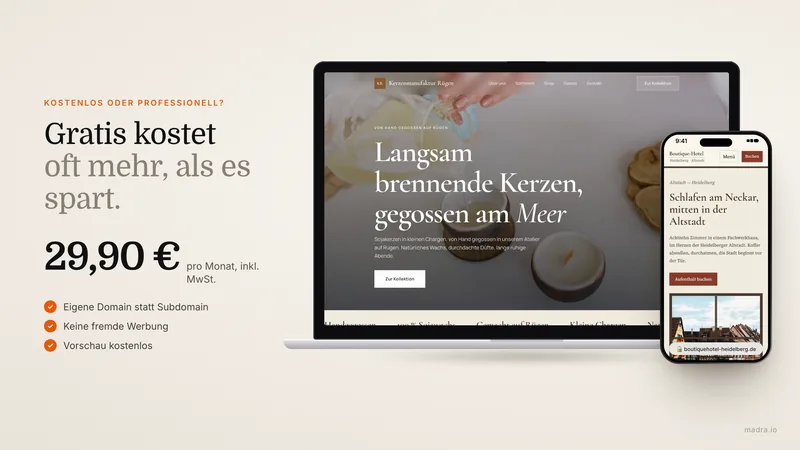 Kostenlose Website mit Subdomain und Werbung neben einer professionellen Website mit eigener Domain