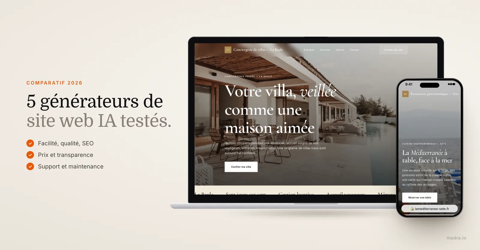 Sites de conciergerie et de restaurant créés par madra : les 5 meilleurs générateurs de site web IA en 2026
