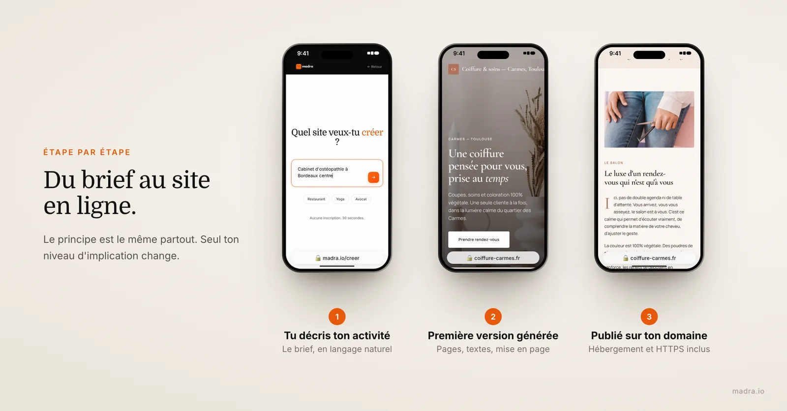 Créer un site web avec l'IA étape par étape sur iPhone : brief, première version générée, site de coiffure publié