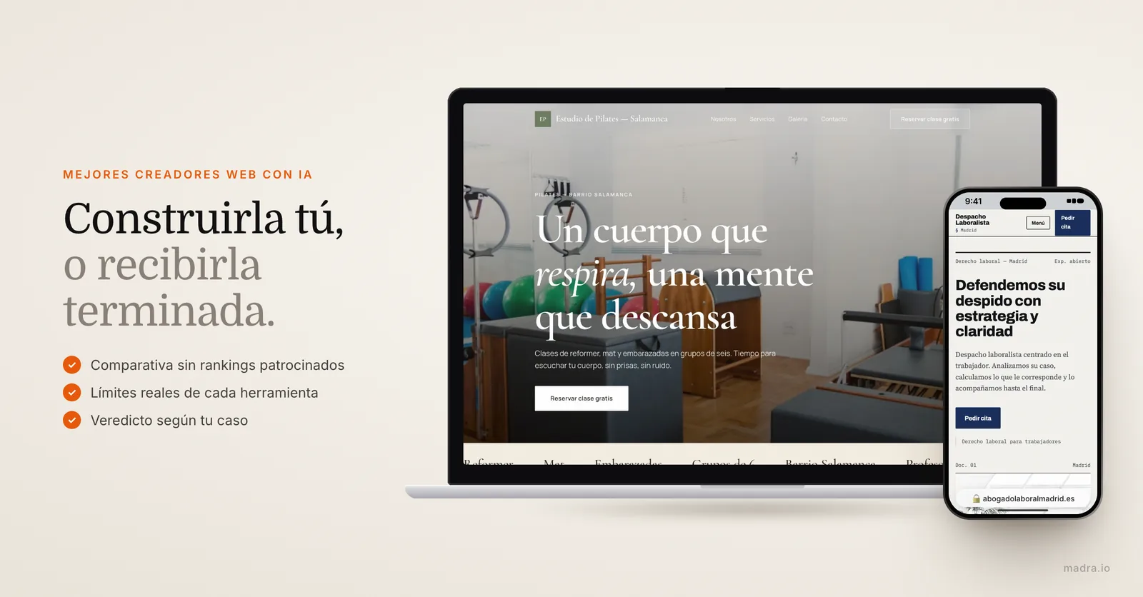 Web de pilates en un portátil y web de abogado en un iPhone: comparativa de los mejores creadores web con IA
