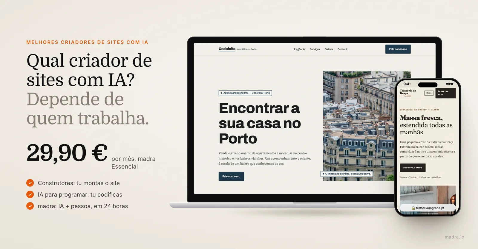 Site de imobiliária no Porto num MacBook e site de restaurante em Lisboa num iPhone: comparativo de criadores de sites com IA