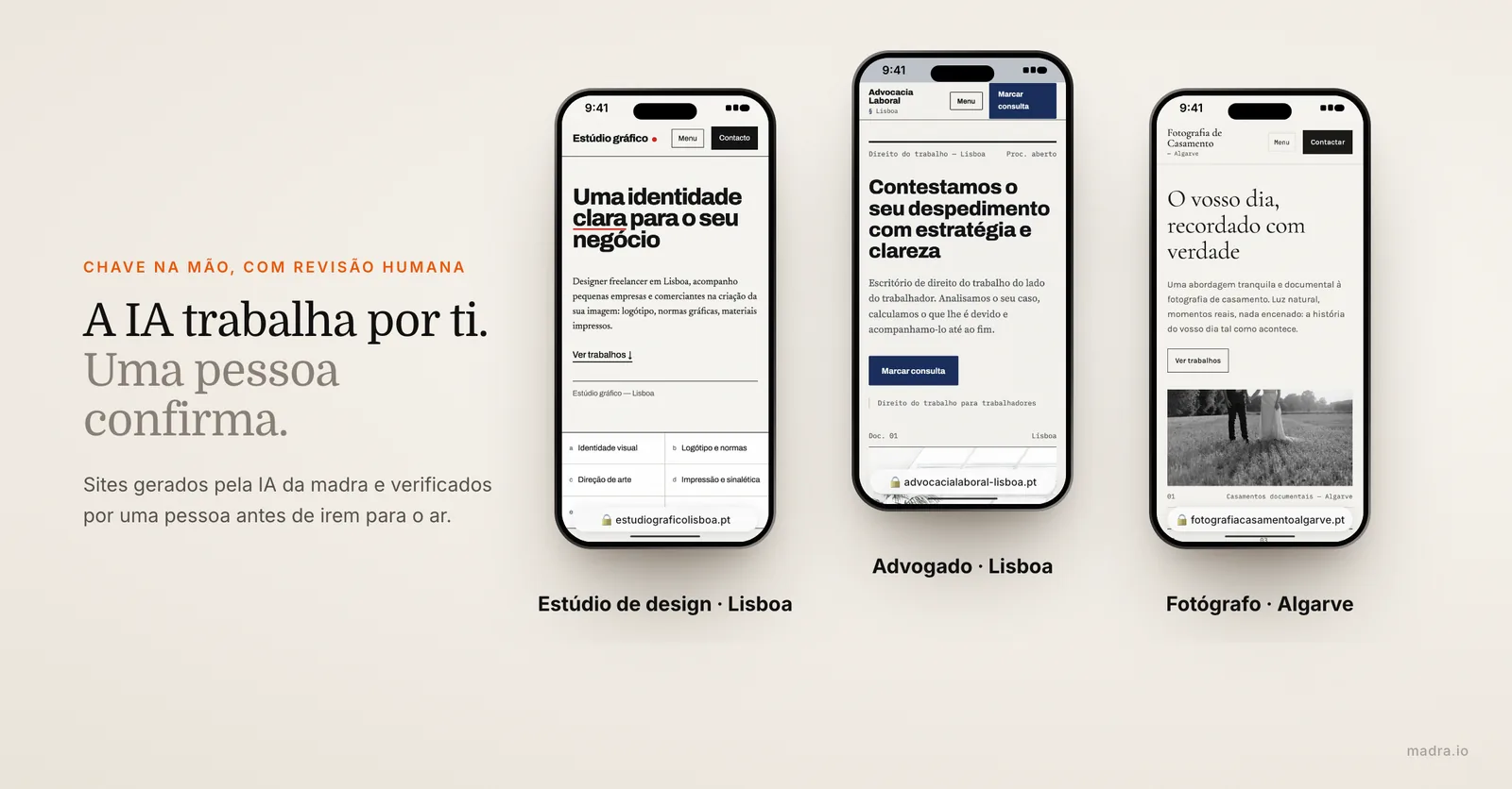 Sites criados com IA e revistos por uma pessoa, em iPhone: estúdio de design, advogado em Lisboa e fotógrafo no Algarve