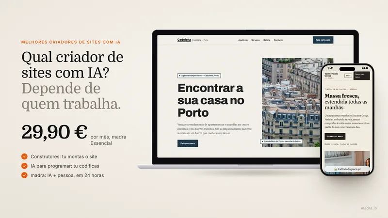 Comparativo dos melhores criadores de sites com IA, com sites mostrados num MacBook e num iPhone