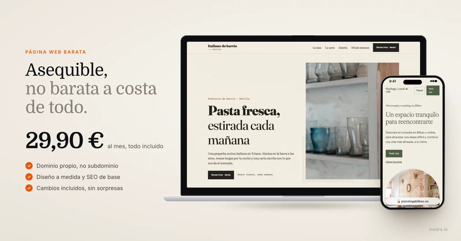 Web de trattoria en un portátil y web de psicóloga en un iPhone: página web asequible y profesional a 29,90 €/mes
