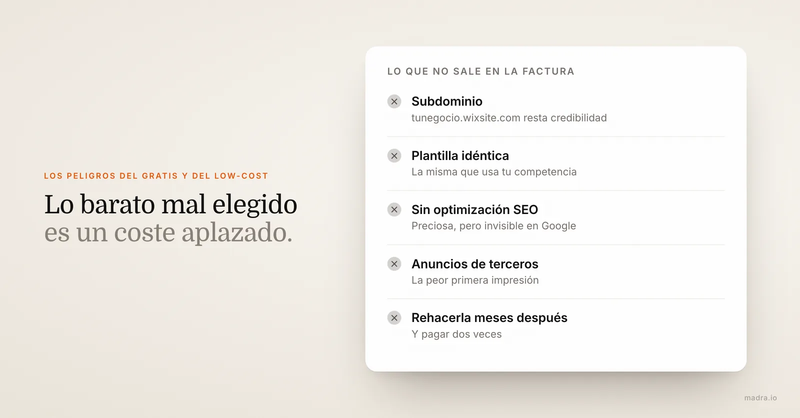 Los peligros de una página web gratis o low-cost: subdominio, plantilla repetida, sin SEO, anuncios de terceros y rehacerla