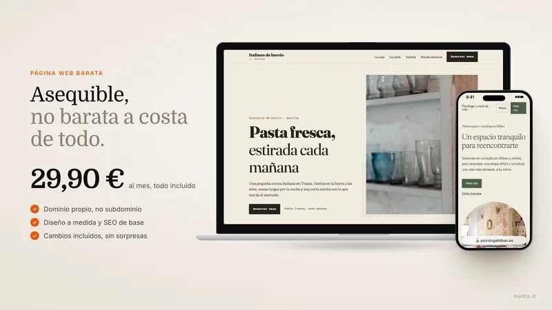 Ilustración de una página web profesional y asequible mostrada en pantalla, con etiqueta de precio mensual