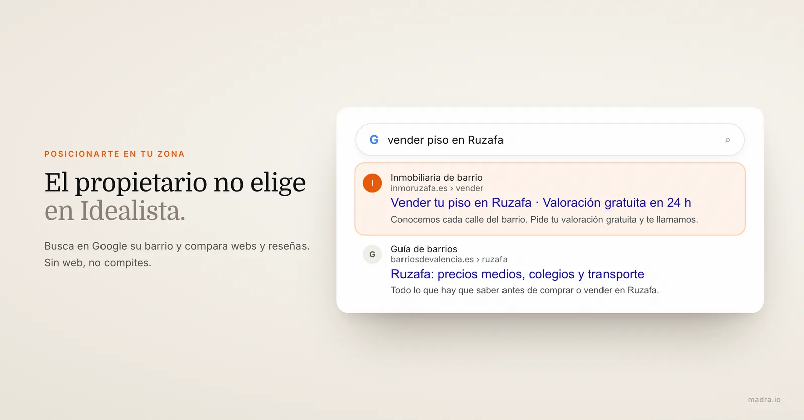 Resultado de Google para vender piso en Ruzafa con la web de una inmobiliaria de barrio y su valoración gratuita en 24 horas