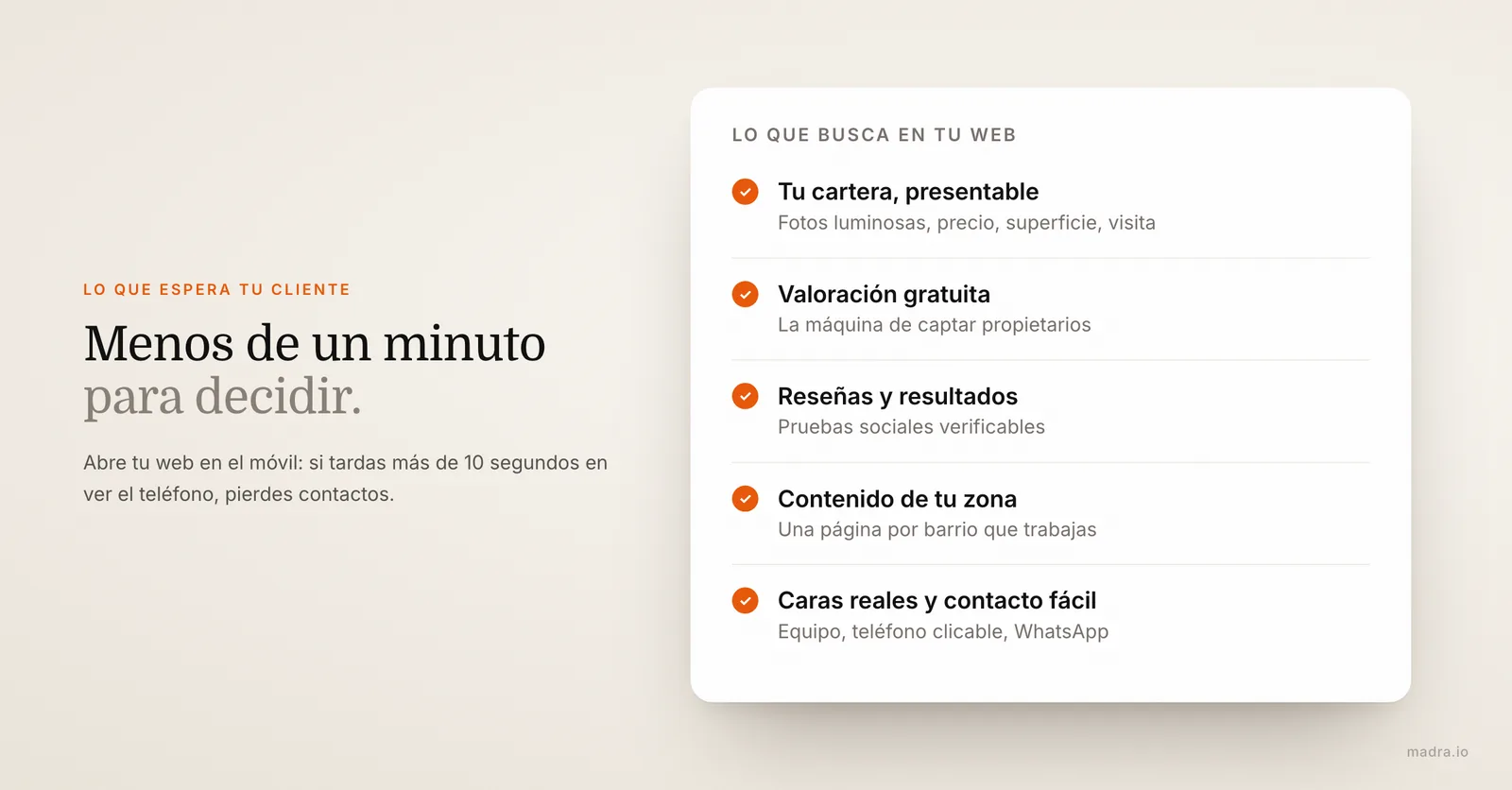 Lo que un cliente espera en la web de una inmobiliaria: cartera, valoración gratuita, reseñas, contenido de zona y contacto