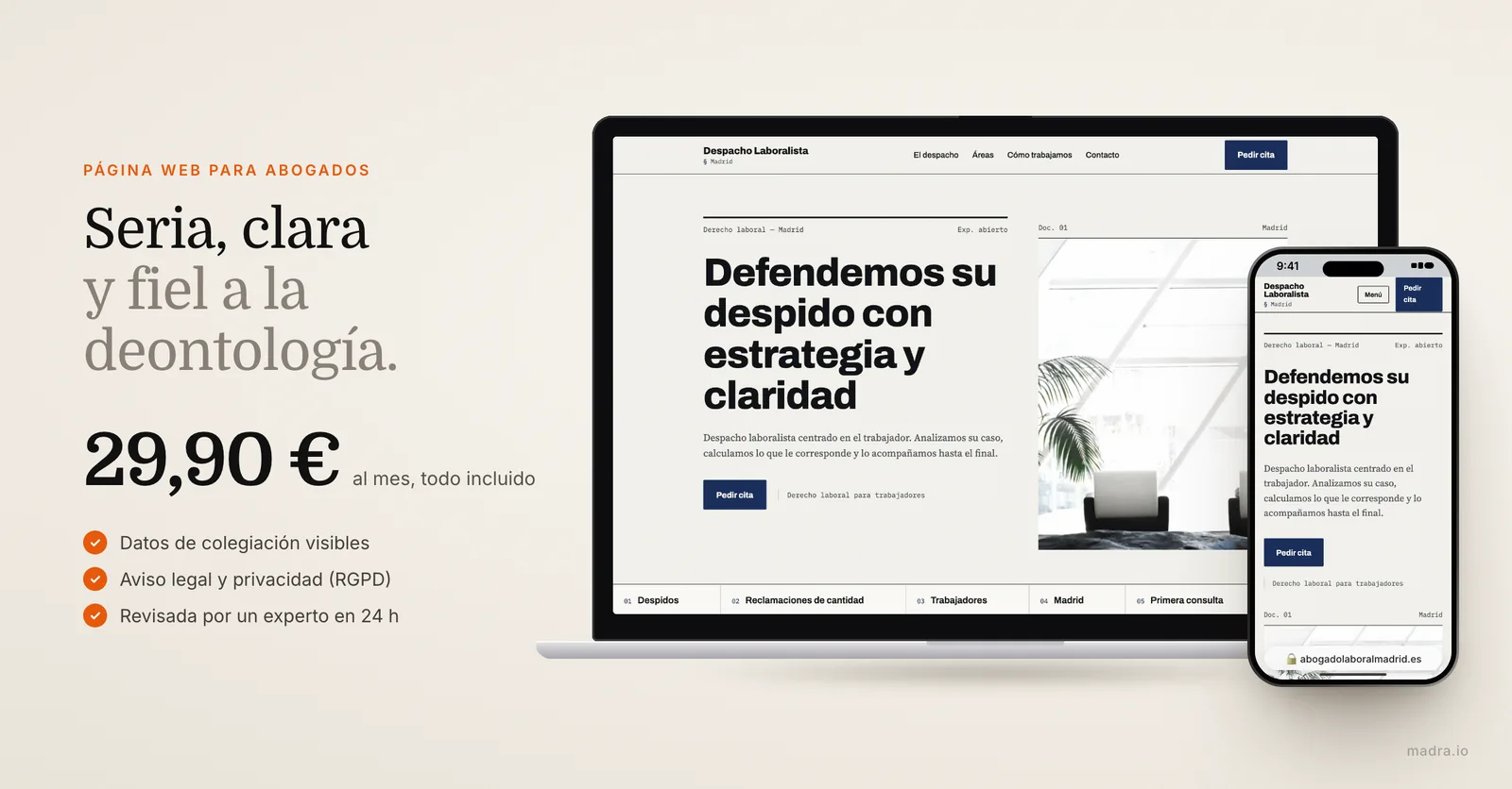 Web de un despacho de abogados de Madrid en un portátil y en un iPhone, con datos de colegiación y aviso legal