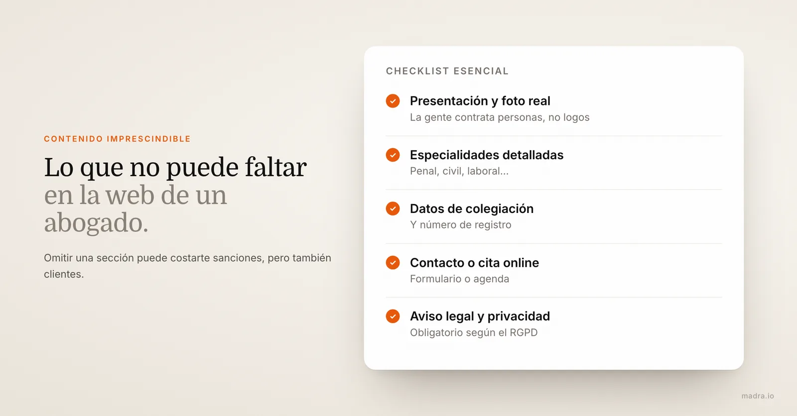 Contenido imprescindible en la web de un abogado: presentación, especialidades, colegiación, contacto y aviso legal