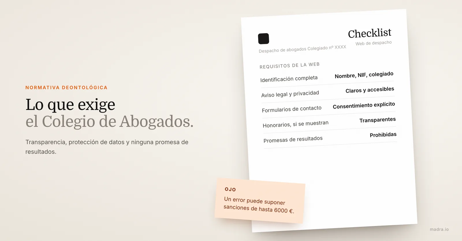 Requisitos deontológicos de la web de un abogado: identificación, aviso legal, consentimiento y sin promesas