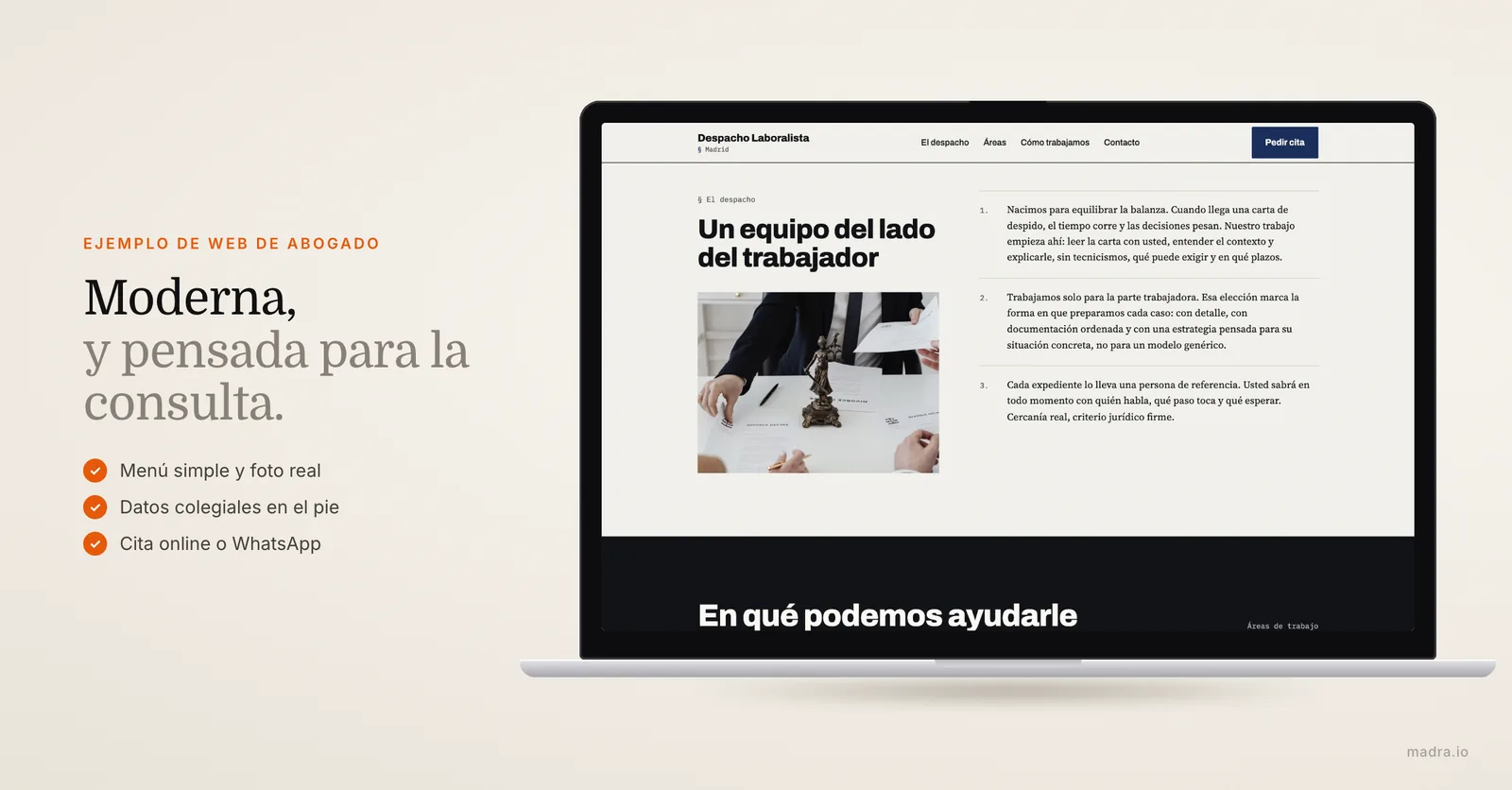 Ejemplo de página web de abogado en Madrid en un portátil: menú simple, servicios legales, datos colegiales y cita online
