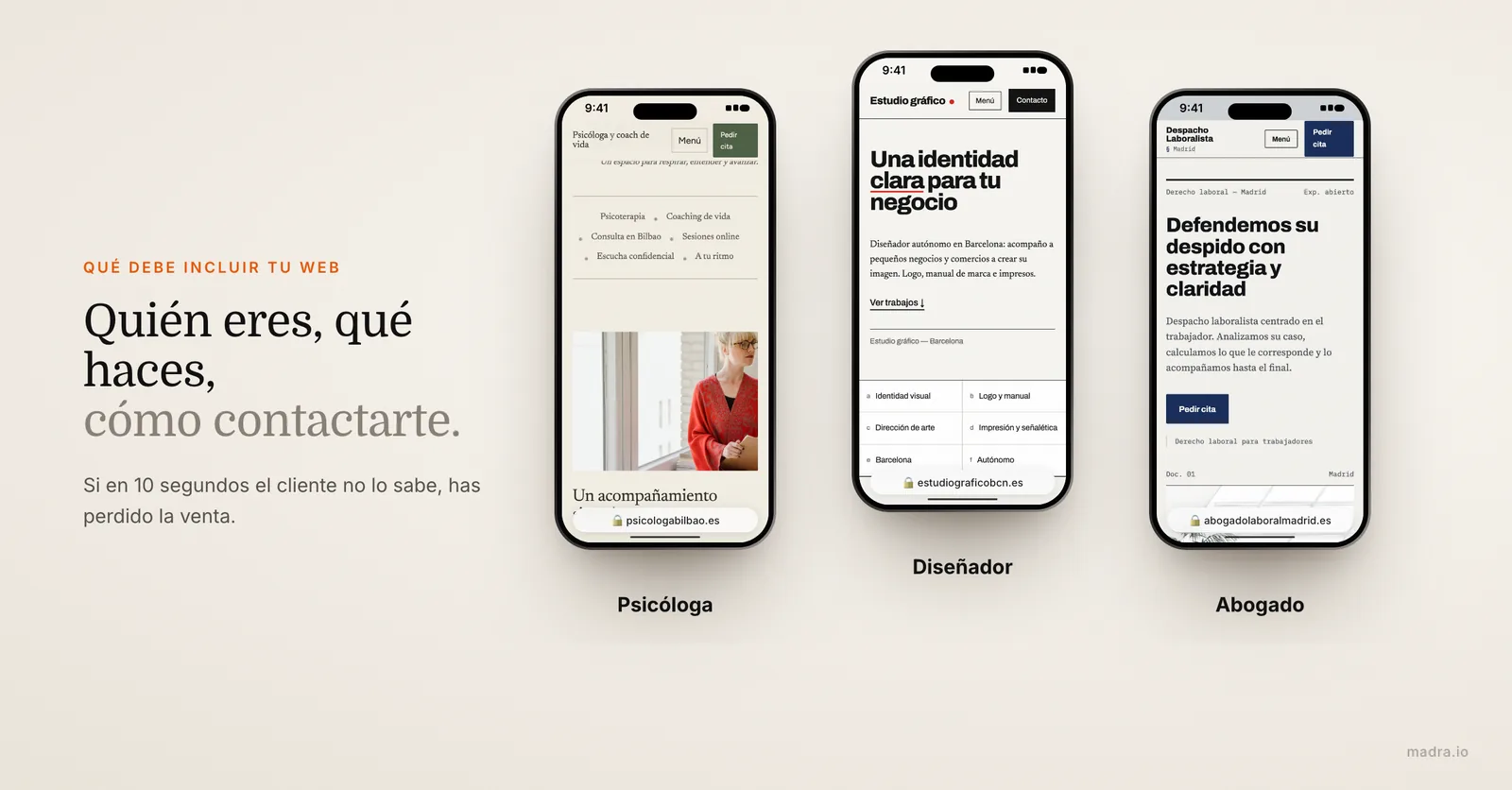 Webs de autónomos en iPhone (psicóloga, diseñador, abogado) que dicen quién eres, qué haces y cómo contactar