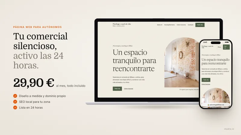 Ilustración de un autónomo trabajando con su página web profesional abierta en el portátil