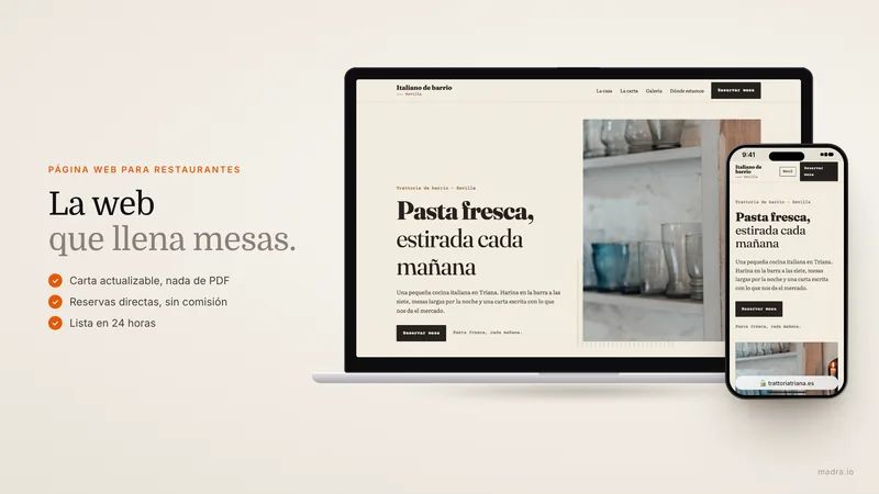 Ilustración de una página web de restaurante en móvil con la carta del menú y un botón de reservas online