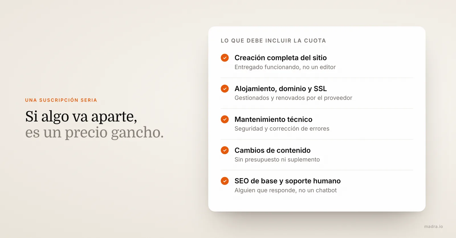 Qué debe incluir una web por suscripción: creación, alojamiento, dominio, SSL, mantenimiento, cambios, SEO, soporte