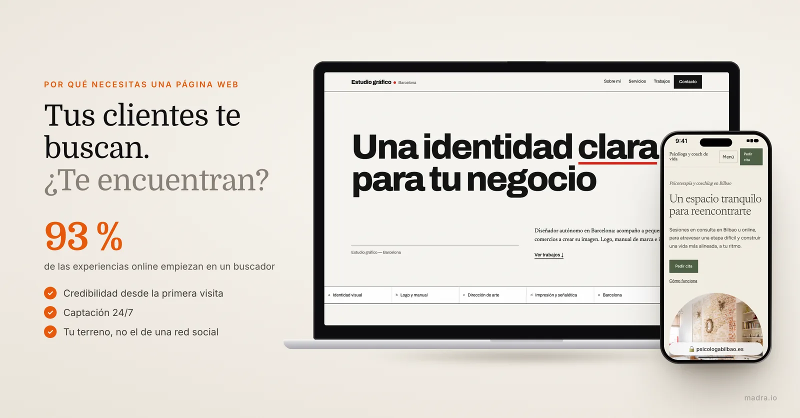 Web de estudio de diseño en un portátil y web de psicóloga en un iPhone: por qué tu negocio necesita una página web en 2026