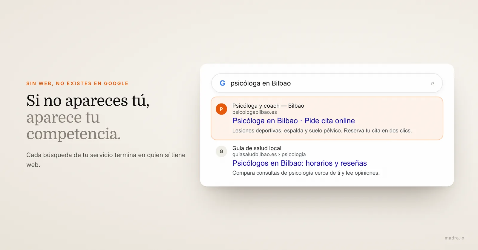 Resultados de Google para psicóloga en Bilbao, con la web de un psicóloga de Bilbao en primera posición
