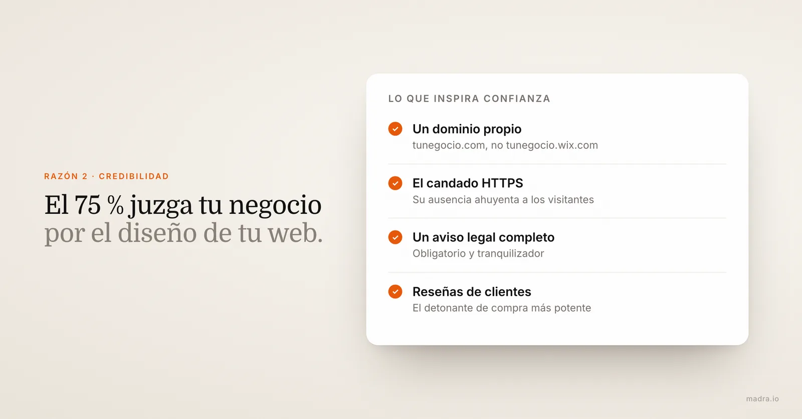 Lo que da credibilidad a una página web: dominio propio, candado HTTPS, aviso legal completo y reseñas de clientes