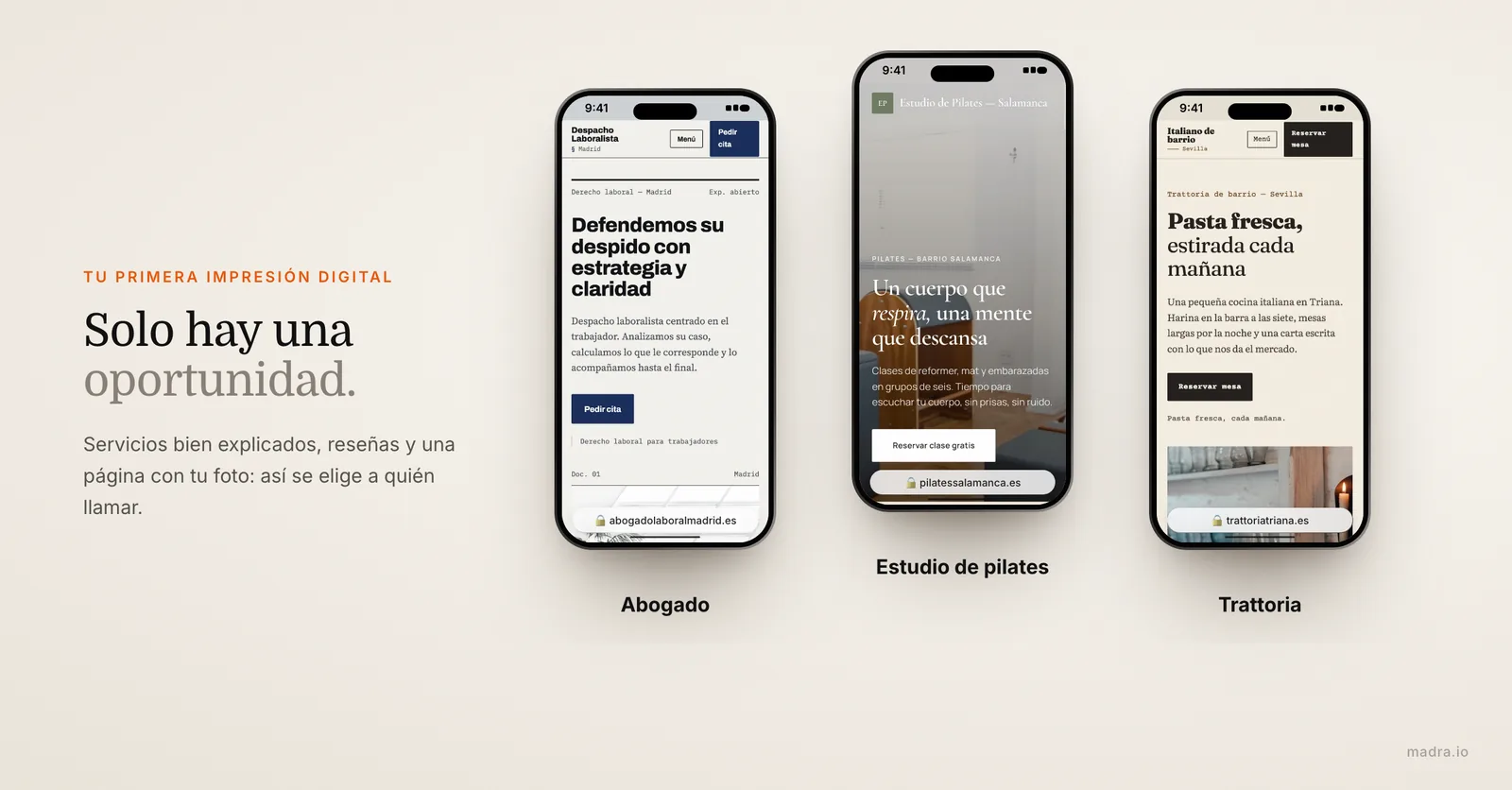 Tres páginas web profesionales en iPhone, abogado, estudio de pilates y trattoria, que causan una buena primera impresión