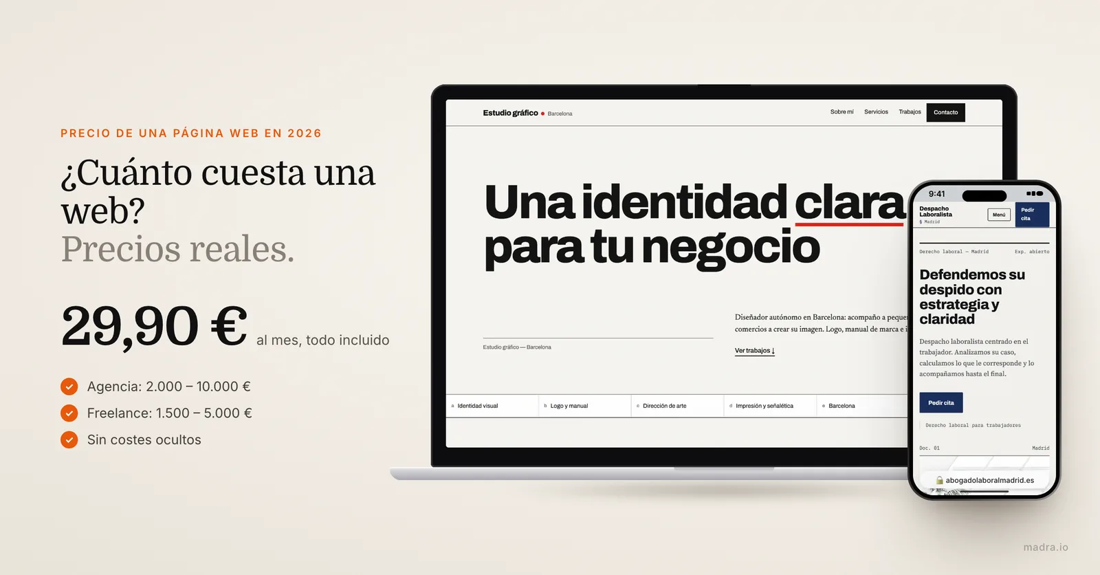 Web de estudio de diseño en portátil y web de abogado en iPhone: cuánto cuesta una página web en 2026, agencia, freelance o Madra