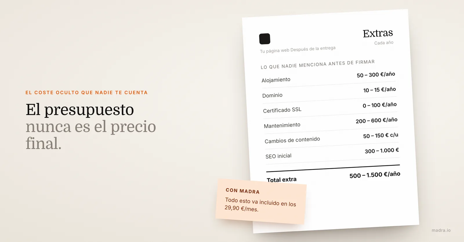 Costes ocultos de una página web cada año: alojamiento, dominio, SSL, mantenimiento, cambios y SEO, de 500 a 1.500 € más