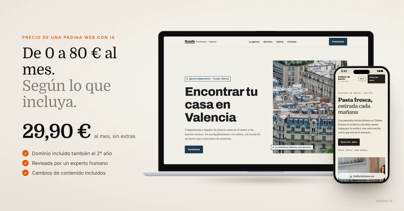 Web de inmobiliaria en un portátil y web de trattoria en un iPhone: precio real de una página web con IA en 2026