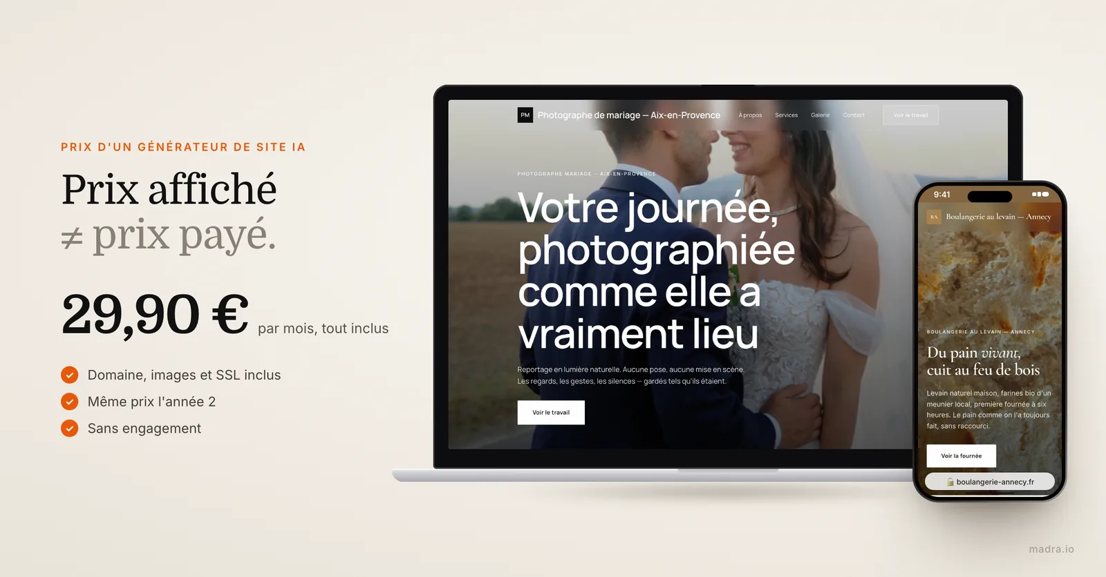 Site de photographe sur ordinateur et de boulangerie sur iPhone créés par madra : le vrai prix d'un générateur de site IA