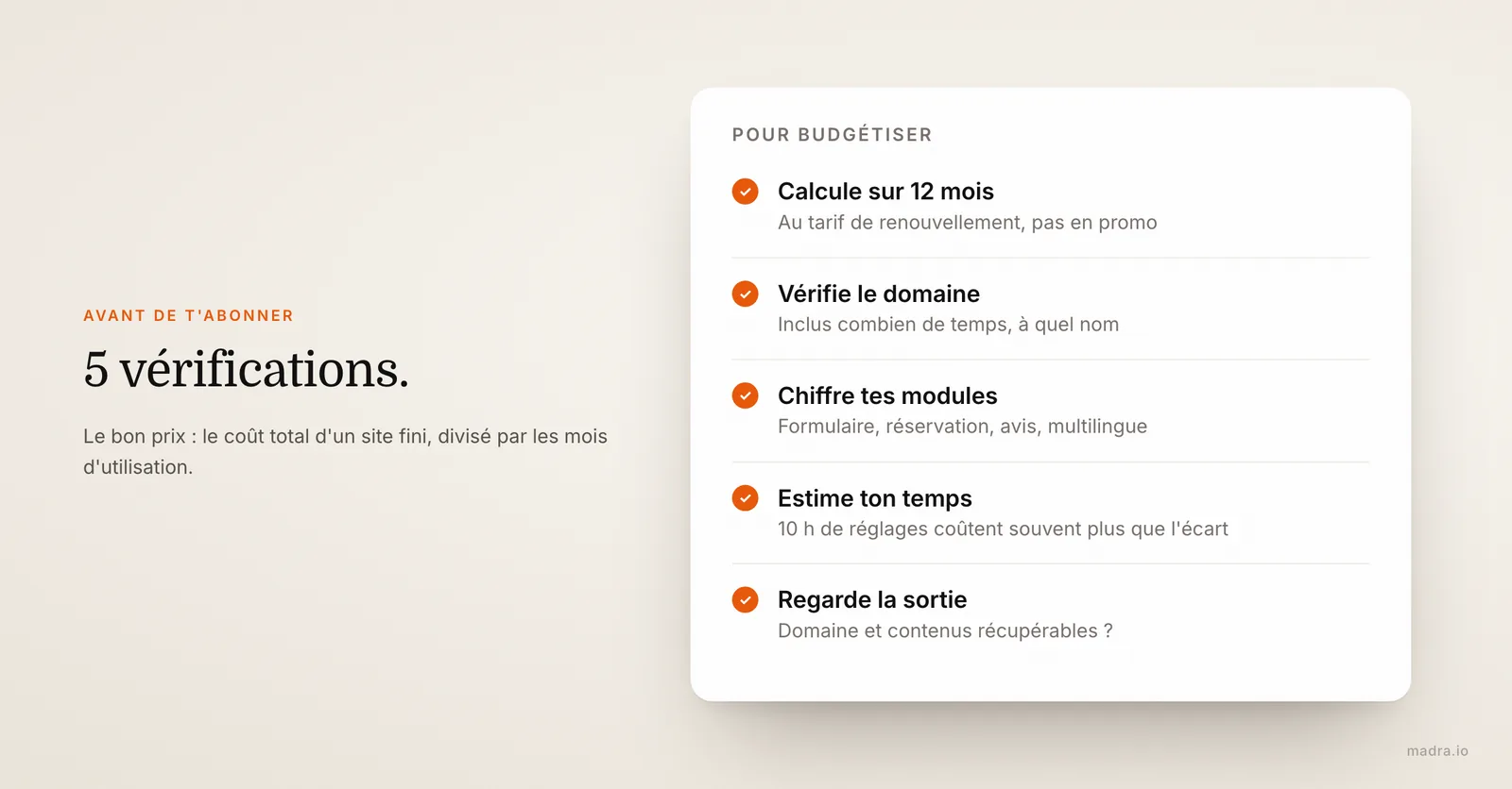 Les 5 vérifications pour budgétiser un générateur de site IA : tarif de renouvellement, domaine, modules, temps, sortie