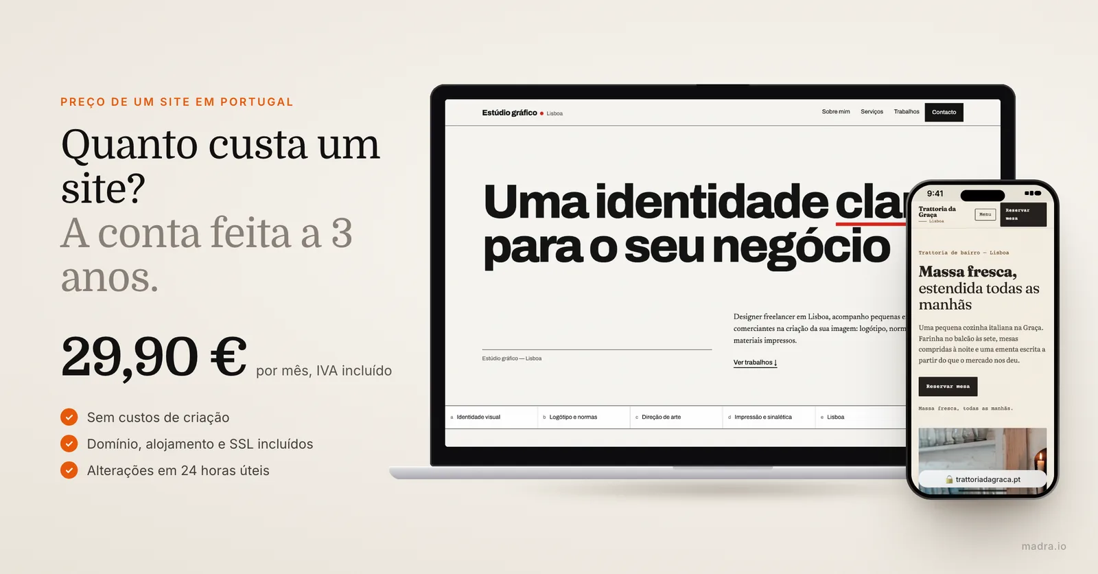 Site de um estúdio de design num MacBook e site de um restaurante num iPhone, por 29,90 € por mês com IVA incluído