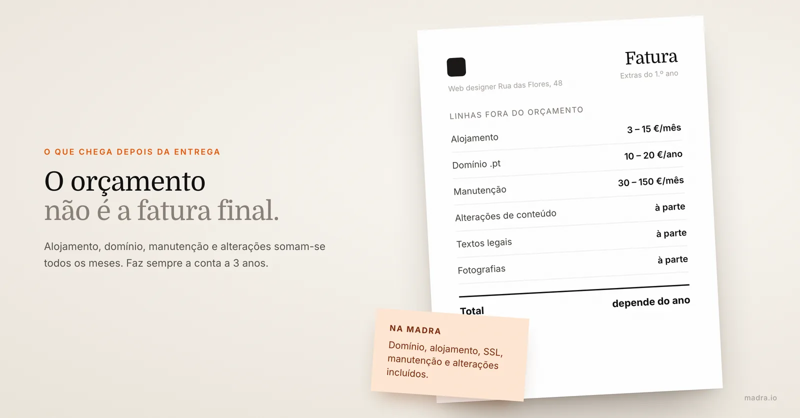 Fatura com os custos de um site que ficam fora do orçamento: alojamento, domínio .pt, manutenção, alterações e textos legais