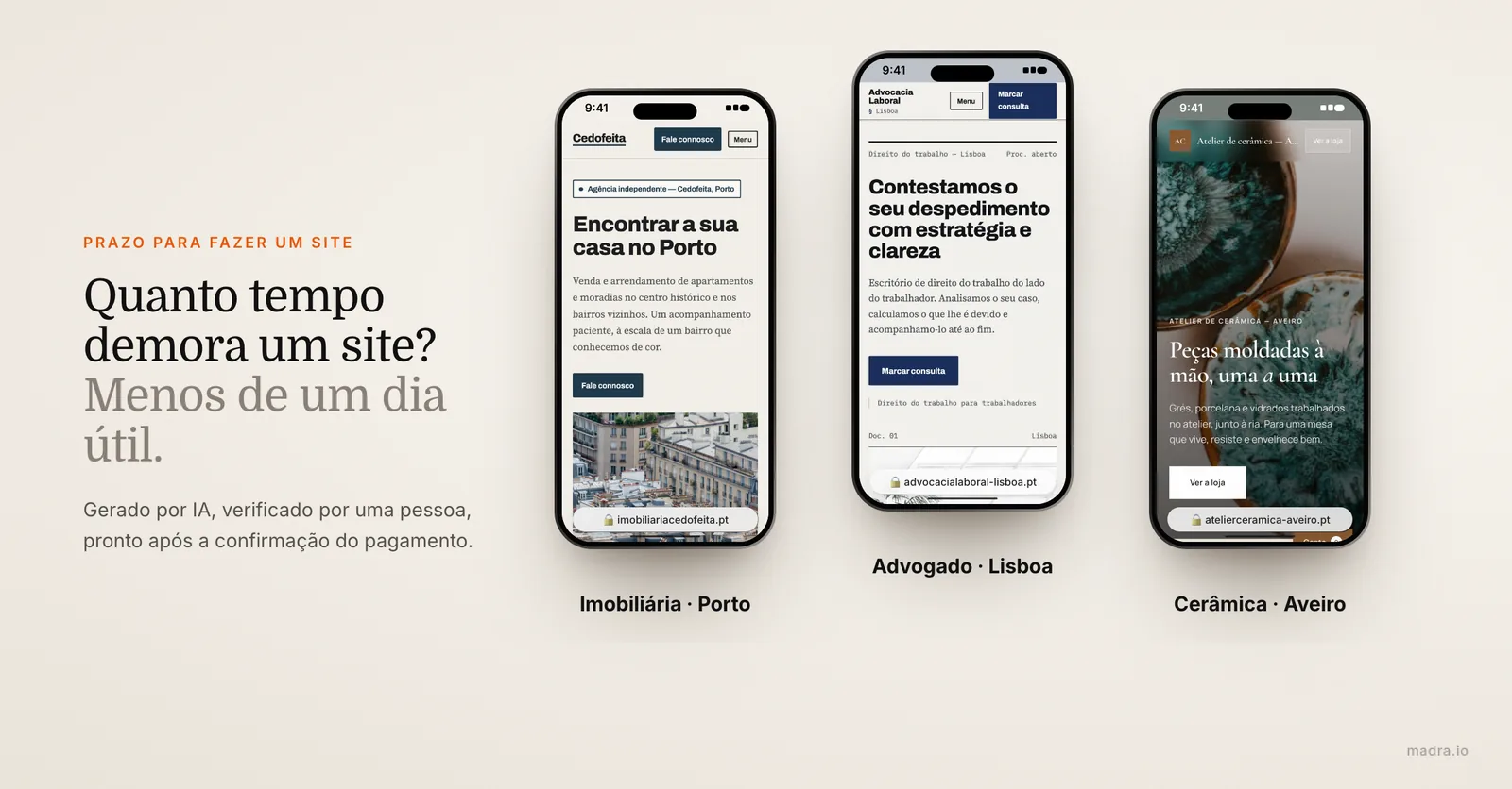 Sites de uma imobiliária, de um advogado e de uma loja de cerâmica em iPhone, prontos em menos de um dia útil