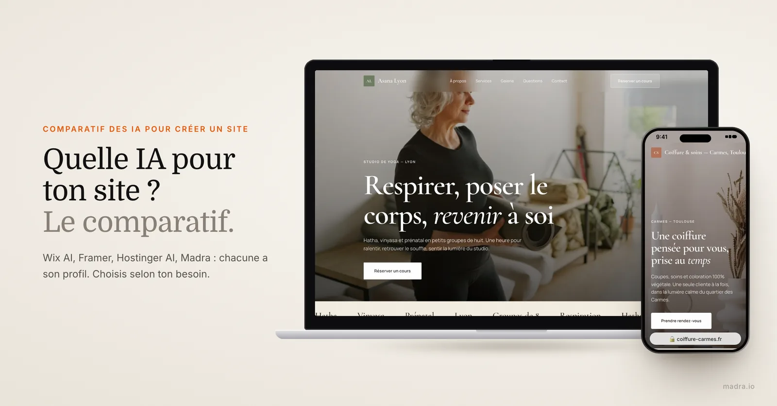 Site de studio de yoga sur ordinateur et site de coiffeur sur iPhone générés par IA : quelle IA choisir pour son site web