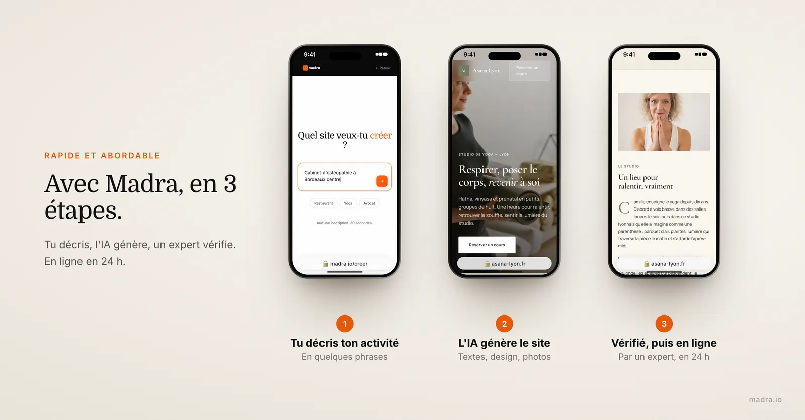 Les 3 étapes pour créer un site avec l'IA de madra sur iPhone : description, génération du site de yoga, mise en ligne