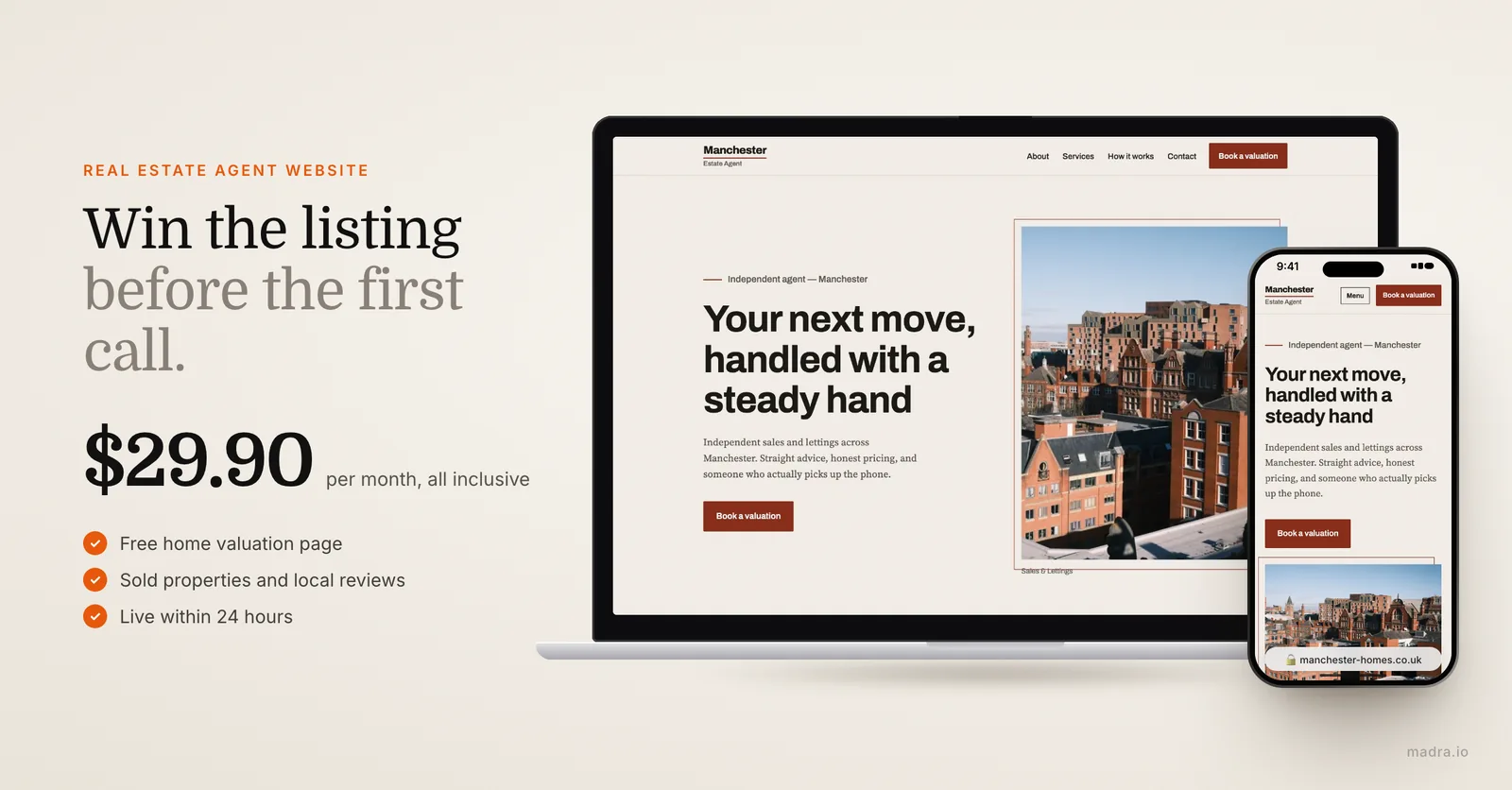 Estate agent website on a laptop and iPhone, with a free home valuation page, built by Madra from $29.90 a month