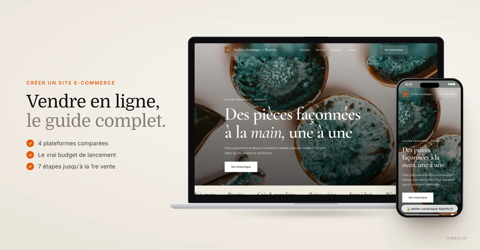 Boutique en ligne de céramique sur ordinateur et iPhone : guide pour créer un site e-commerce et vendre en ligne